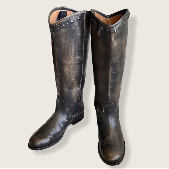 $398 RARE Frye Melissa Rhinestone Button Distressed Vintage Pull On Tall Boots - Picture 9 of 16